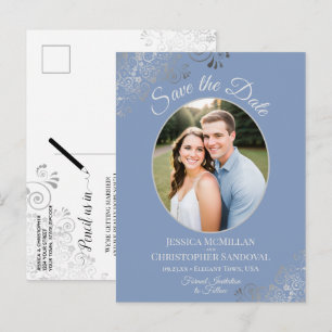 Carte Postale Faire-part Dentelle d'argent Dusty Blue Wedding Enregistrer l
