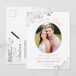 Carte Postale Faire-part Dentelle d'argent rose mariage blanc Enregistrer l
