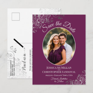 Carte Postale Faire-part Dentelle d'argent sur le mariage magenta Enregistr