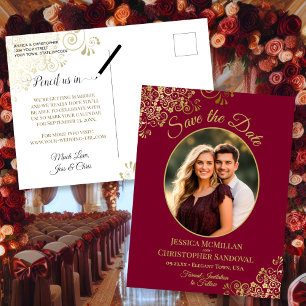Carte Postale Faire-part Dentelle dorée sur une photo de mariage marron pou