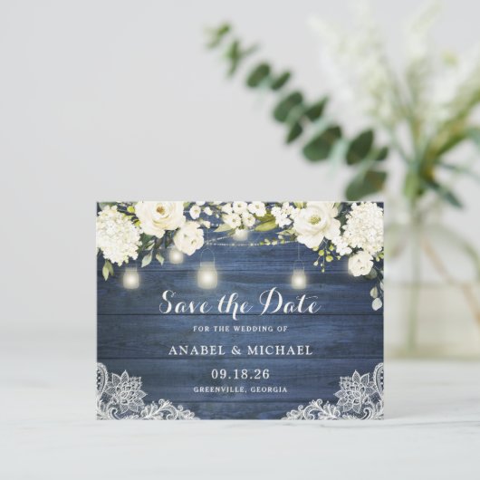 Carte Postale Faire-part Dentelle en bois bleu rustique Mason Jar Enregistr (Debout devant)