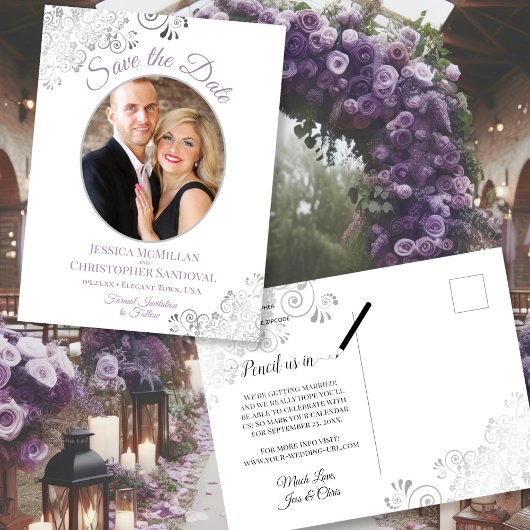 Carte Postale Faire-part Dentelle gris violet blanc mariage Enregistrer la 