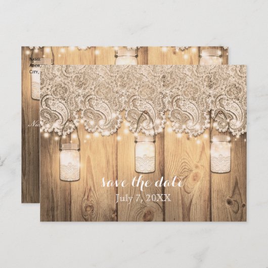 Carte Postale Faire-part Dentelle Rustique En Bois & Jar Mason Éclairé Enre (Devant / Derrière)