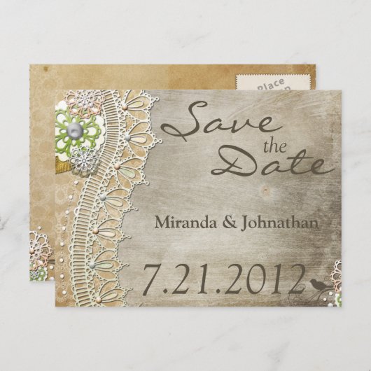 Carte Postale Faire-part Dentelle rustique Perturbé Mariage Réception Sauve (Devant / Derrière)