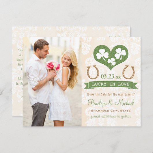 Carte Postale Faire-part Dépannage et Shamrock Enregistrer la date (Devant / Derrière)