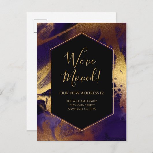 Carte Postale Faire-part Déplacement Gold Purple Marbre Encre mo (Devant / Derrière)