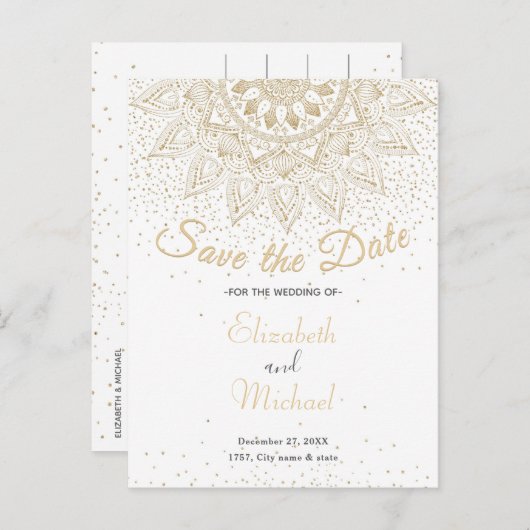 Carte Postale Faire-part Design de confettis mandala or élégant (Devant / Derrière)