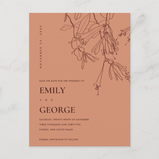 CARTE POSTALE FAIRE-PART DESSIN AU TRAIT ROUGE ROUILLE ORANGE FLEURS ENREGI (Devant)