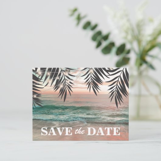 Carte Postale Faire-part Destination de plage tropicale Enregistrer la date (Debout devant)