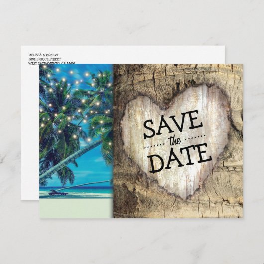 Carte Postale Faire-part Destination de plage tropicale rustique, réservez (Devant / Derrière)
