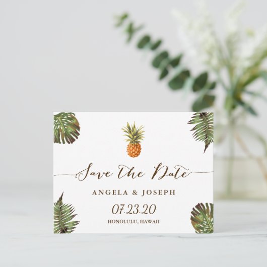 Carte Postale Faire-part Destination Enregistrer la date | Ananas tropical (Debout devant)