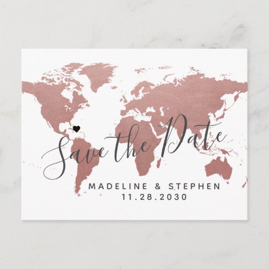 Carte Postale Faire-part Destination Mariage Enregistrer Date Rose Gold Ros (Devant)