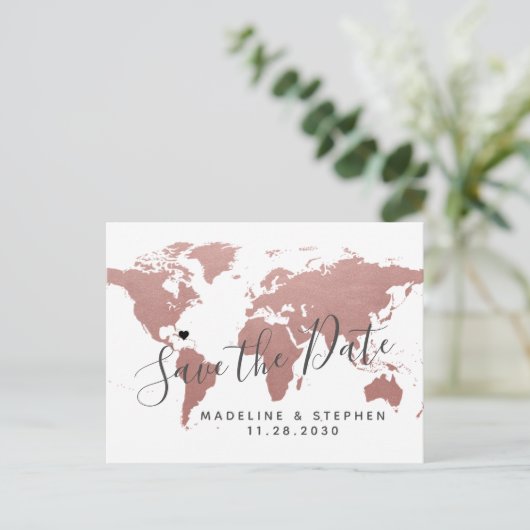Carte Postale Faire-part Destination Mariage Enregistrer Date Rose Gold Ros (Debout devant)