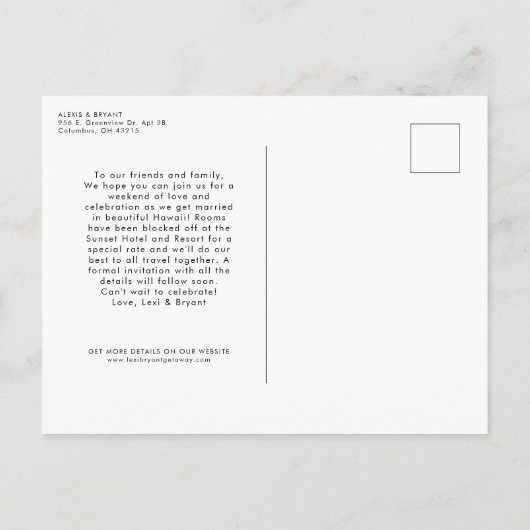 Carte Postale Faire-part Destination mariage enregistrer la date (Dos)