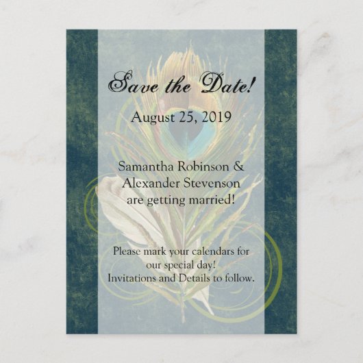 Carte Postale Faire-part Détail artistique Plume de paon Enregistrez la dat (Devant)