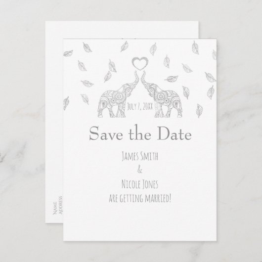 Carte Postale Faire-part Deux Eléphants Mariage de automne Argent Enregistr (Devant / Derrière)