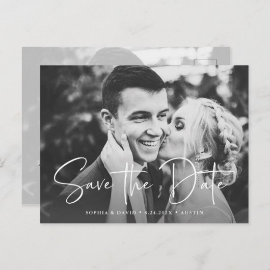 Carte Postale Faire-part Deux photos | Simple Script Enregistrez la date (Devant / Derrière)