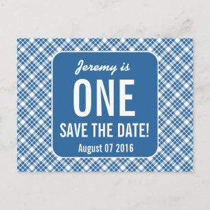 Carte Postale Faire-part DIAGONAL BLEU PLAID 1er Anniversaire de enfant BÉB