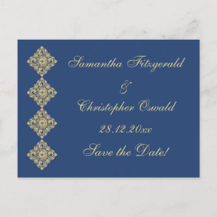 Carte Postale Faire-part Diamant doré Damas bleu Enregistrer la date