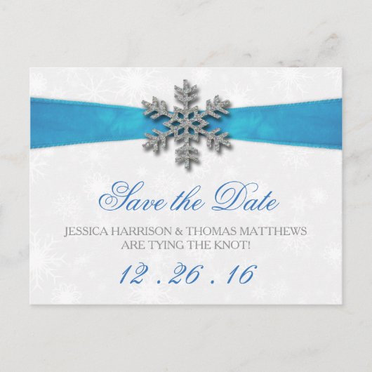 Carte Postale Faire-part Diamante Snowflake & Blue Ribbon Mariage d'hiver (Devant)