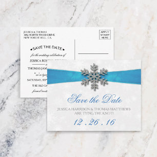 Carte Postale Faire-part Diamante Snowflake & Blue Ribbon Mariage d'hiver