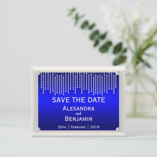 Carte Postale Faire-part Diamants et perles Mariage bleu Enregistrer la dat (Debout devant)