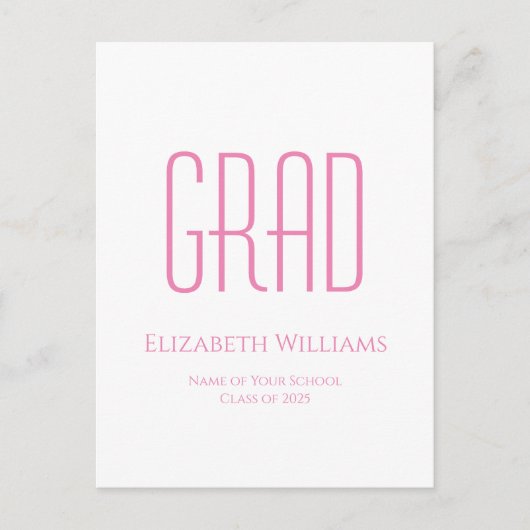 Carte Postale Faire-part Diplômé 2025 Typographie rose simple Graduation (Devant)
