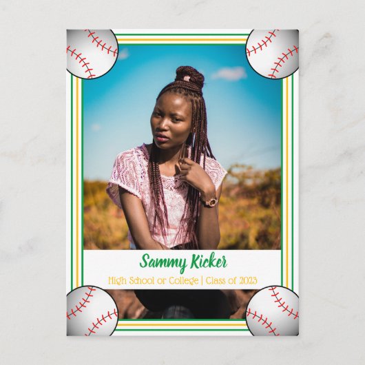 Carte Postale Faire-part Diplômé de Baseball Vert et Or (Devant)
