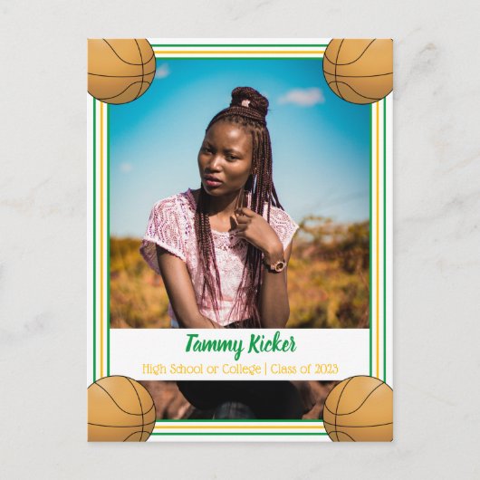Carte Postale Faire-part Diplômé de Basketball Vert & Or (Devant)