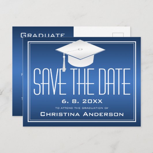 Carte Postale Faire-part Diplôme Enregistrer la date Chic Bleu Blanc Casque (Devant / Derrière)
