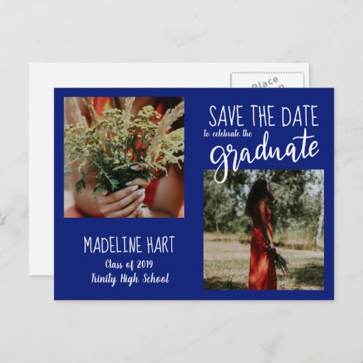 Carte Postale Faire-part Diplômé | Enregistrer la date Photo moderne | Bleu (Devant / Derrière)