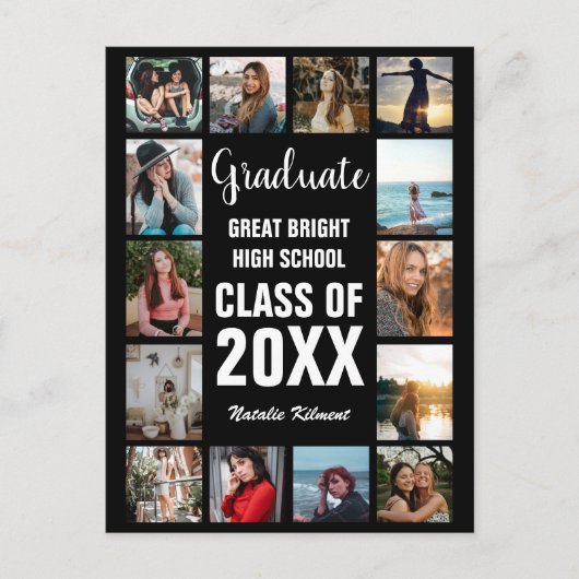 Carte Postale Faire-part Diplômé Moderne 14 Collage de Photos Noir Diplôme (Devant)