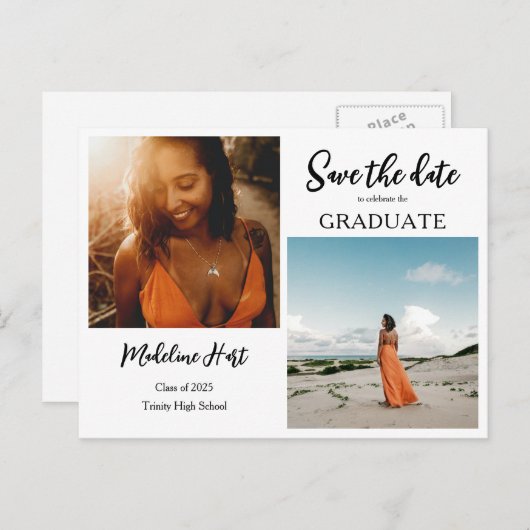 Carte Postale Faire-part Diplômé Moderne | Sauvegarder La Date | Photo Scri (Devant / Derrière)