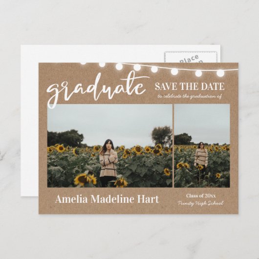 Carte Postale Faire-part Diplômé Script Papier Kraft Rustique Enregistrer L (Devant / Derrière)