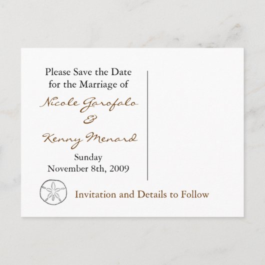 Carte Postale Faire-part Dollar de sable Save the Date (Dos)