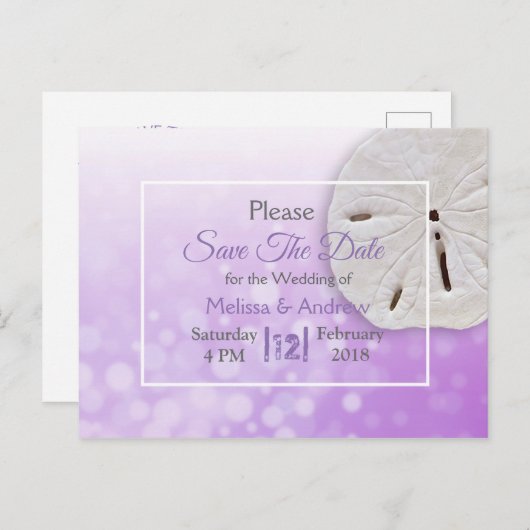 Carte Postale Faire-part Dollar de sable violet Mariage à thème Enregistrer (Devant / Derrière)