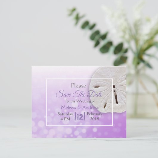 Carte Postale Faire-part Dollar de sable violet Mariage à thème Enregistrer (Debout devant)