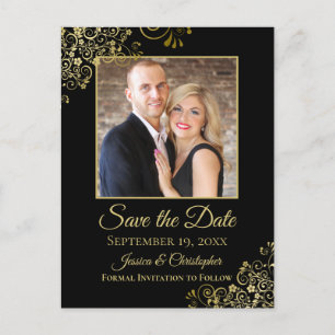 Carte Postale Faire-part Dorures sur carton de mariage noir 'Sauver la date