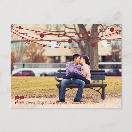 Carte Postale Faire-part Double Bonheur Lanternes Mariage Enregistrer la da (Devant)