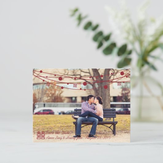 Carte Postale Faire-part Double Bonheur Lanternes Mariage Enregistrer la da (Debout devant)