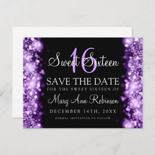 Carte Postale Faire-part Douce 16 "Sauver la date" lumières scintillantes v (Devant / Derrière)