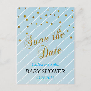 Carte Postale Faire-part Douce Bébé Bleu et Confettis Dorés - Sauvegarder l