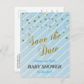 Carte Postale Faire-part Douce Bébé Bleu et Confettis Dorés - Sauvegarder l (Devant / Derrière)
