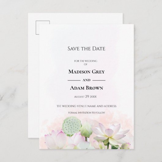 Carte Postale Faire-part Douces Nymphéas et Lotuses Enregistrez la Date (Devant / Derrière)