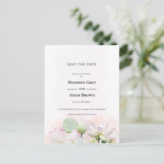 Carte Postale Faire-part Douces Nymphéas et Lotuses Enregistrez la Date (Debout devant)