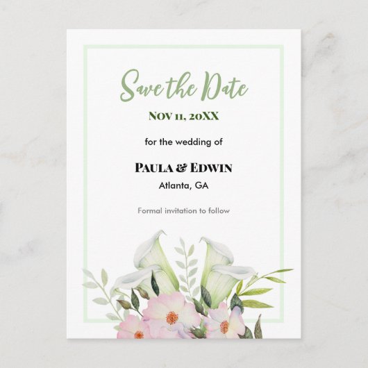 Carte Postale Faire-part Doux Lys Calla Blanc Rose Blanche Mariage Enregist (Devant)
