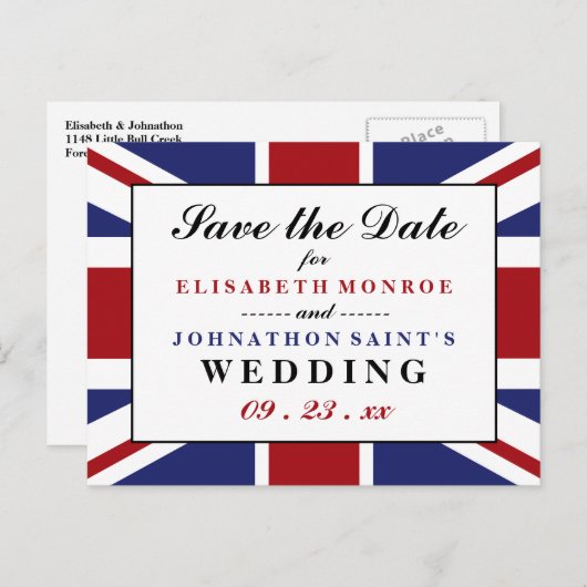 Carte Postale Faire-part Drapeau Union Jack Mariage britannique Save The Da (Devant / Derrière)
