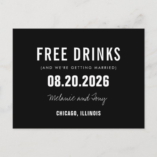 Carte Postale Faire-part Drôle boissons gratuites Noir mariage Enregistrer  (Devant)