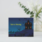 Carte Postale Faire-part Drôle Nous Déménageons Maison Hantée Fond Bleu (Debout devant)