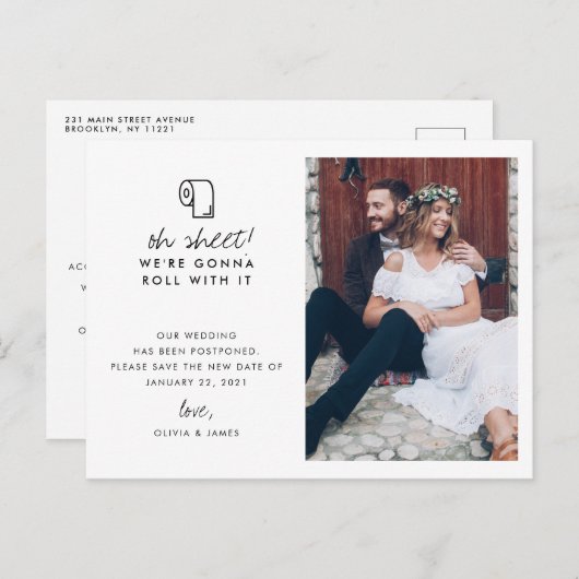 Carte Postale Faire-part Drôle Roll Avec It Photo Mariage Postponton (Devant / Derrière)